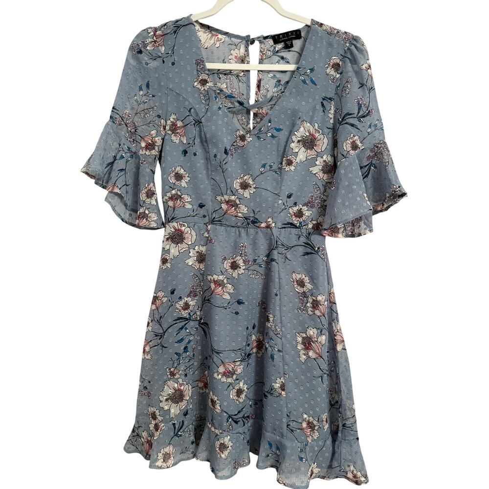 Trixxi Women's S Cottagecore Floral Swiss Dot Bell Sleeve Ruffle Dress Fairy